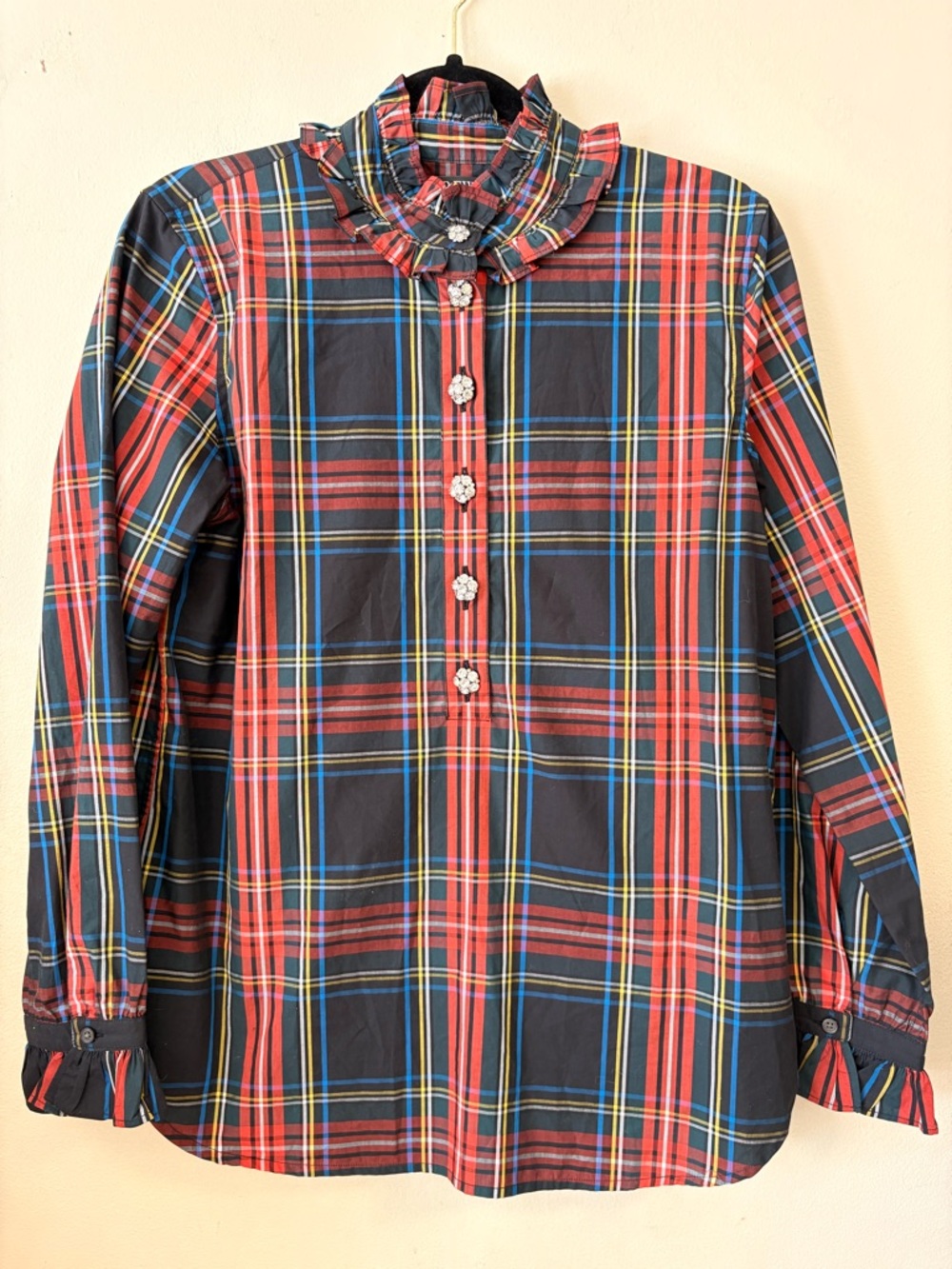 J. Crew Classic-fit ruffle-neck jewel-button popover in Stewart tartan Sz 8